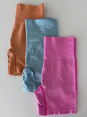 Trio of Seamless Activewear Shorts in Sherbet colors - Pink, Blue, and Orange